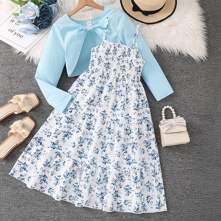 Girl's Dress with Straps, Floral Print and Long Sleeves, view 4 - Elena Harper
