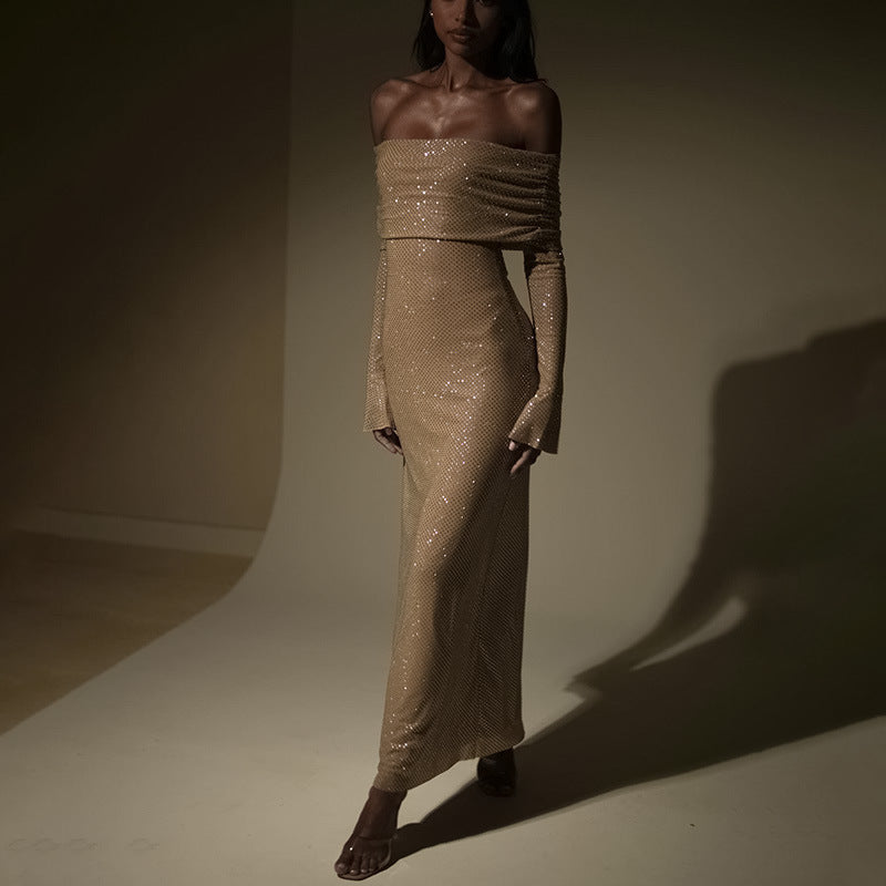 Ladies Off-Shoulder Maxi Dress Solid, Comfortable for Evening Wear, With Glitter, view 5 - Elena Harper