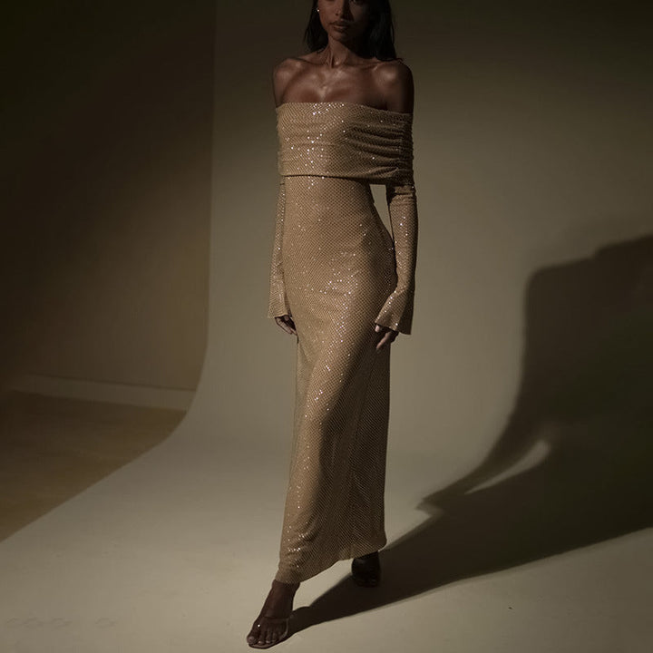 Ladies Off-Shoulder Maxi Dress Solid, Comfortable for Evening Wear, With Glitter, view 5 - Elena Harper