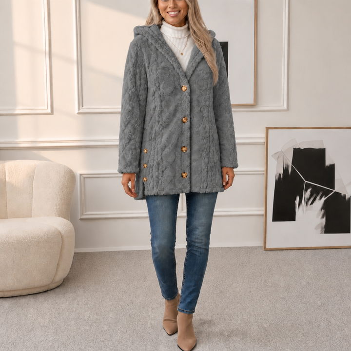 Amelia Plush Sherpa Jacket with Elegant Diamond Pattern, view 3 - Elena Harper