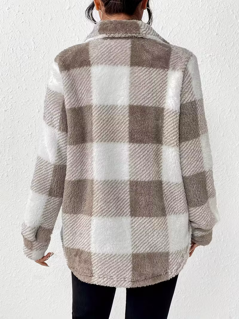 Women's Plaid Fleece Jacket with Buttons – Autumn Style