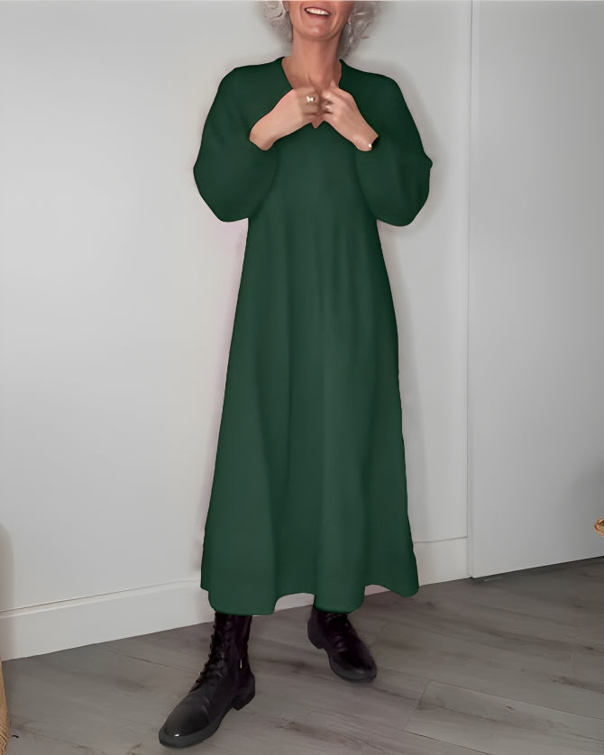Ladies Long Dress with V-Neck and Long Sleeves