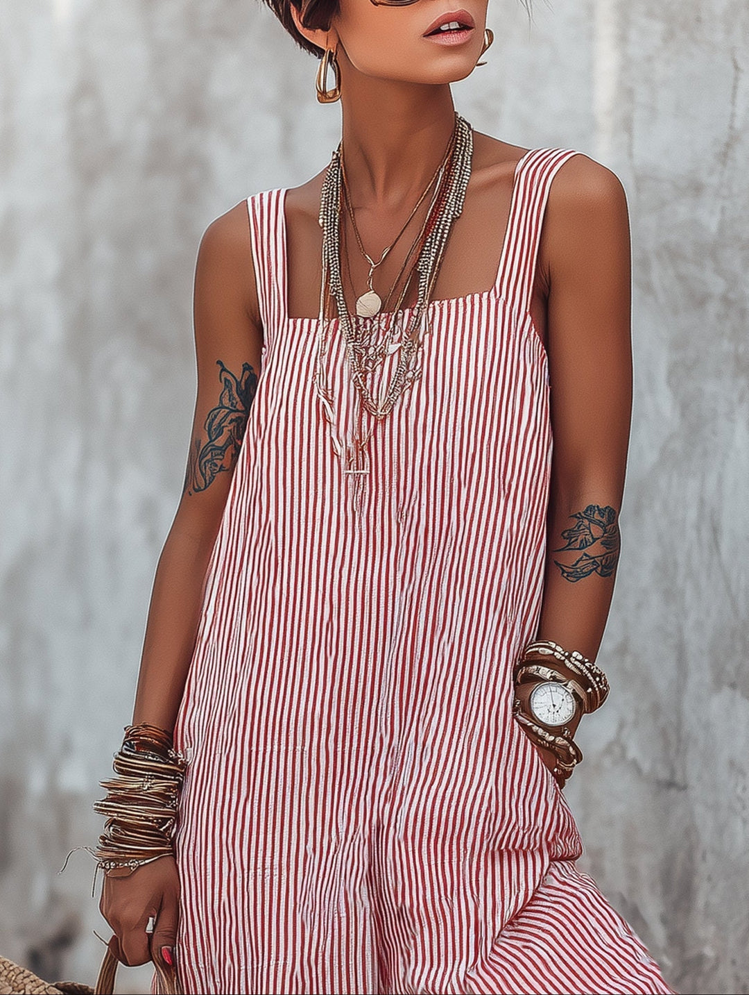 Striped Loose-Fitting Women's Jumpsuit with Square Neckline