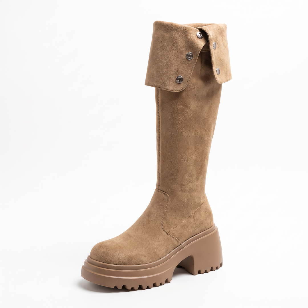 Beige Over The Knee Block Heel Boots