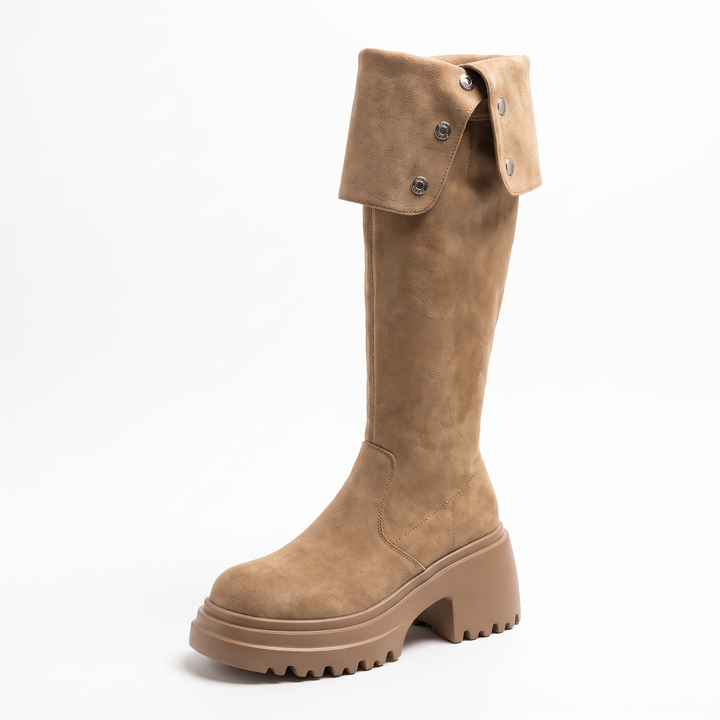 Beige Over The Knee Block Heel Boots