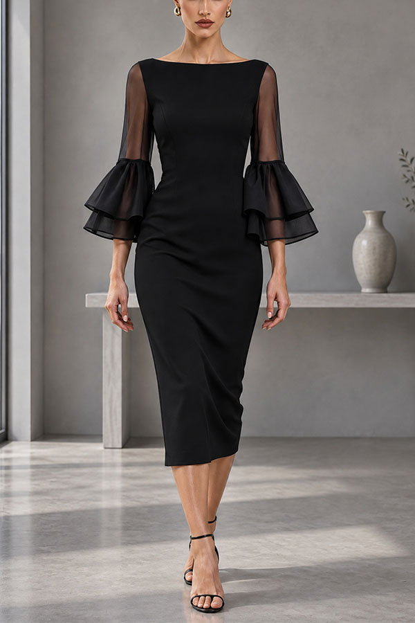 Formal Boat Neck Sheer Double Layer Bell Sleeve Bodycon Midi Dress