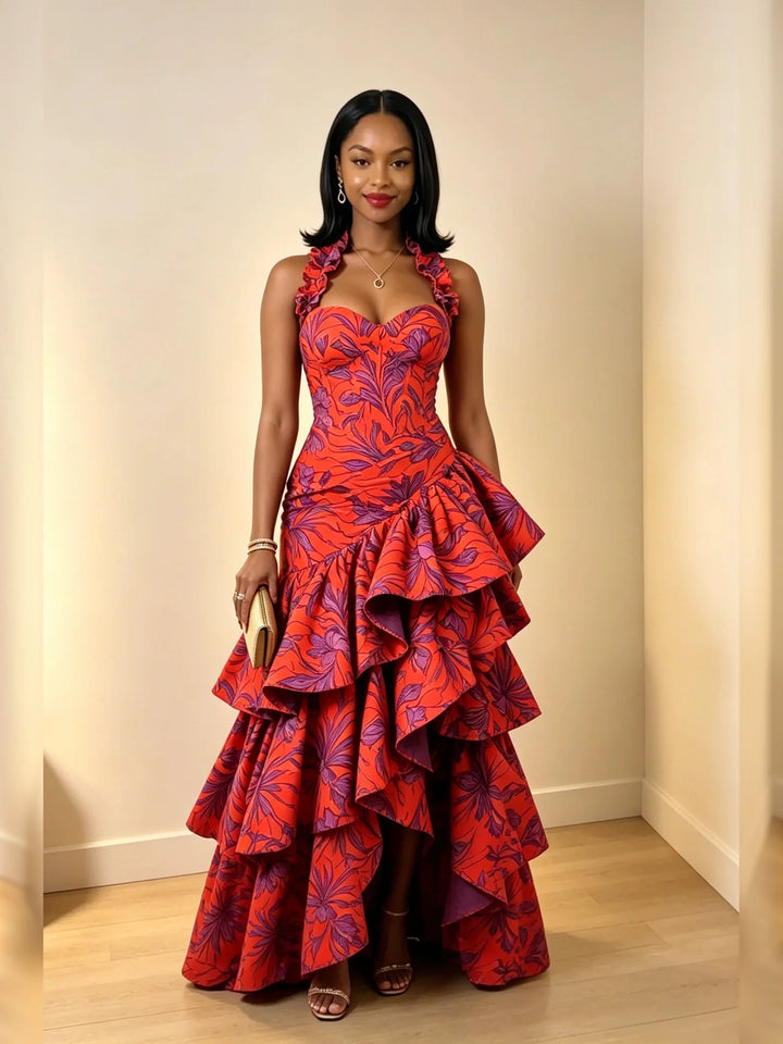 Ruffle Trim Halter Bustier Gathered Multi-Tier Maxi Dress