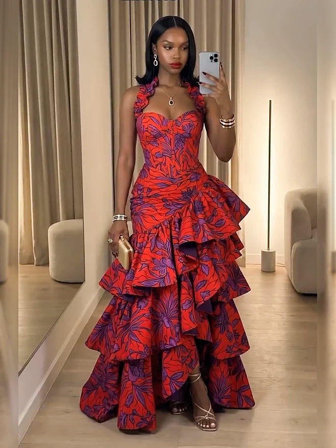 Ruffle Trim Halter Bustier Gathered Multi-Tier Maxi Dress