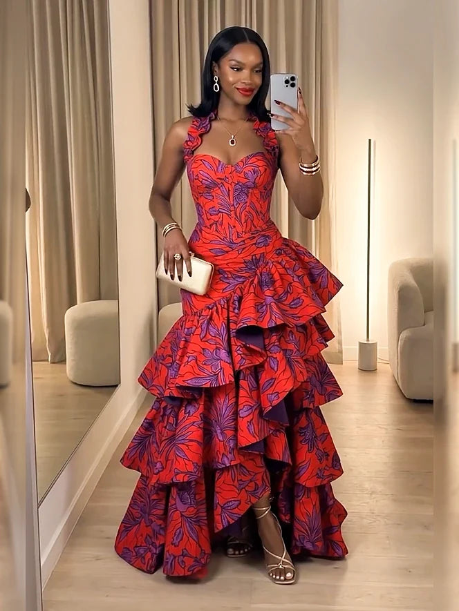 Ruffle Trim Halter Bustier Gathered Multi-Tier Maxi Dress