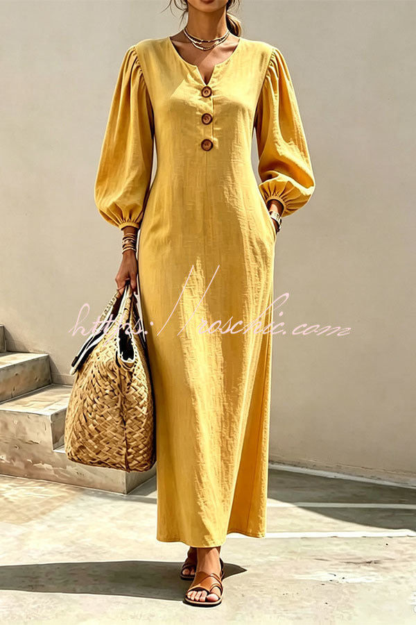 Elegant V-Neck Lantern Sleeve Maxi Dress