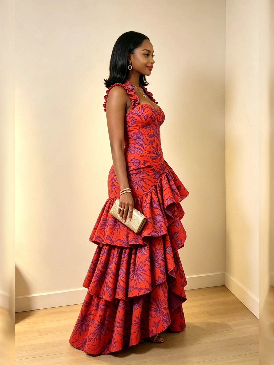 Ruffle Trim Halter Bustier Gathered Multi-Tier Maxi Dress