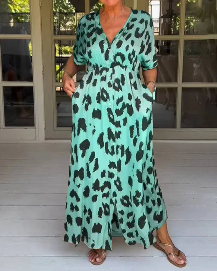 Women's Flowy V-Neck Leopard Print Maxi Dress