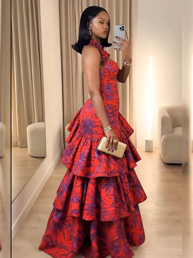 Ruffle Trim Halter Bustier Gathered Multi-Tier Maxi Dress