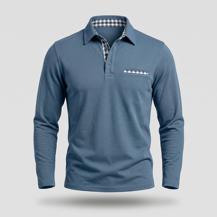 Adrian Elegant Long Sleeve Polo Shirt with Checked Details, view 5 - Elena Harper