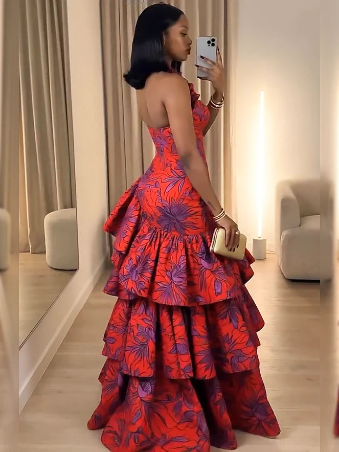 Ruffle Trim Halter Bustier Gathered Multi-Tier Maxi Dress