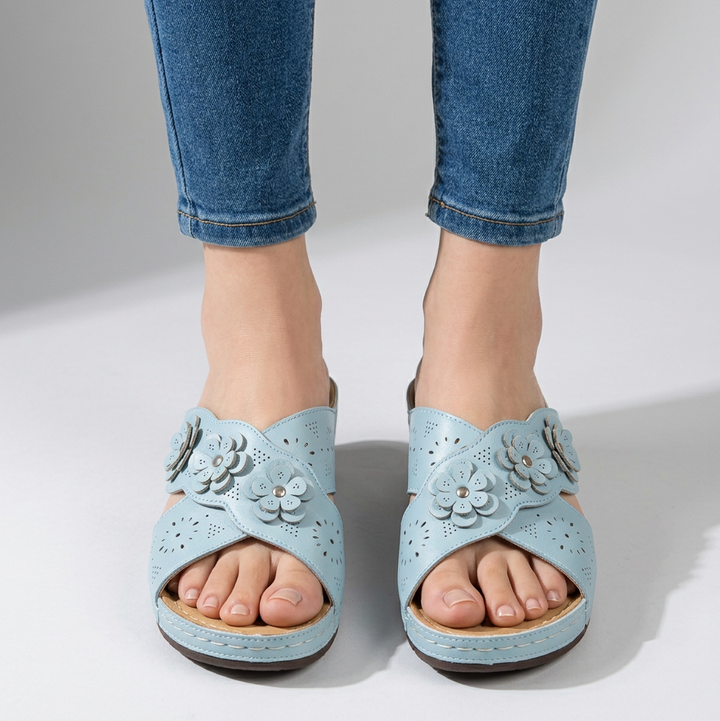 Amycca | Comfortable Wedge Slippers with Floral Applications