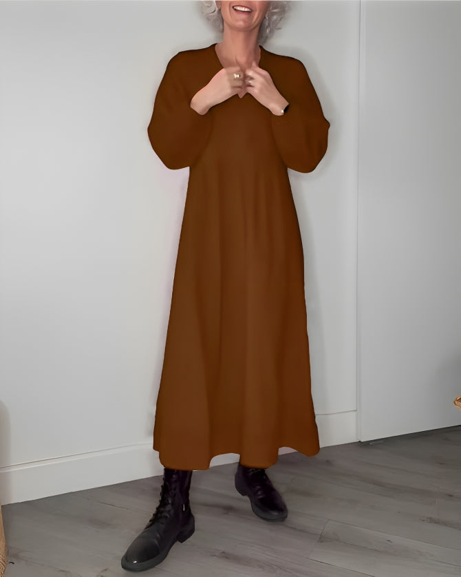 Ladies Long Dress with V-Neck and Long Sleeves