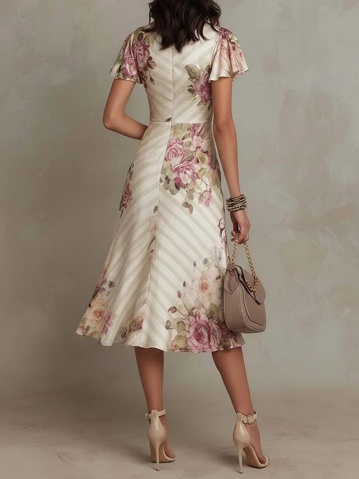 Women's Midi Satin Floral Wrap Dress Elegant Retro