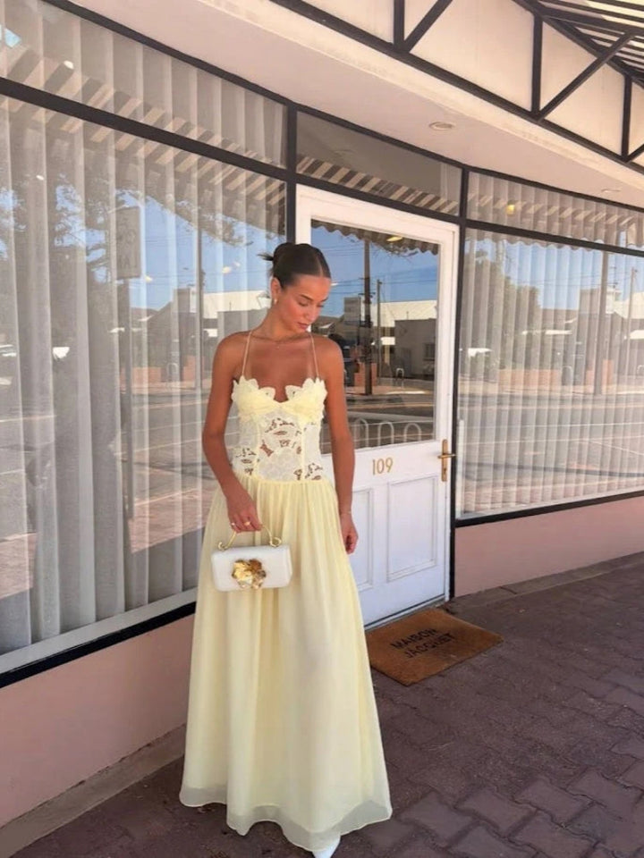 Creamy Yellow Lace Appliqué Chiffon Maxi Dress