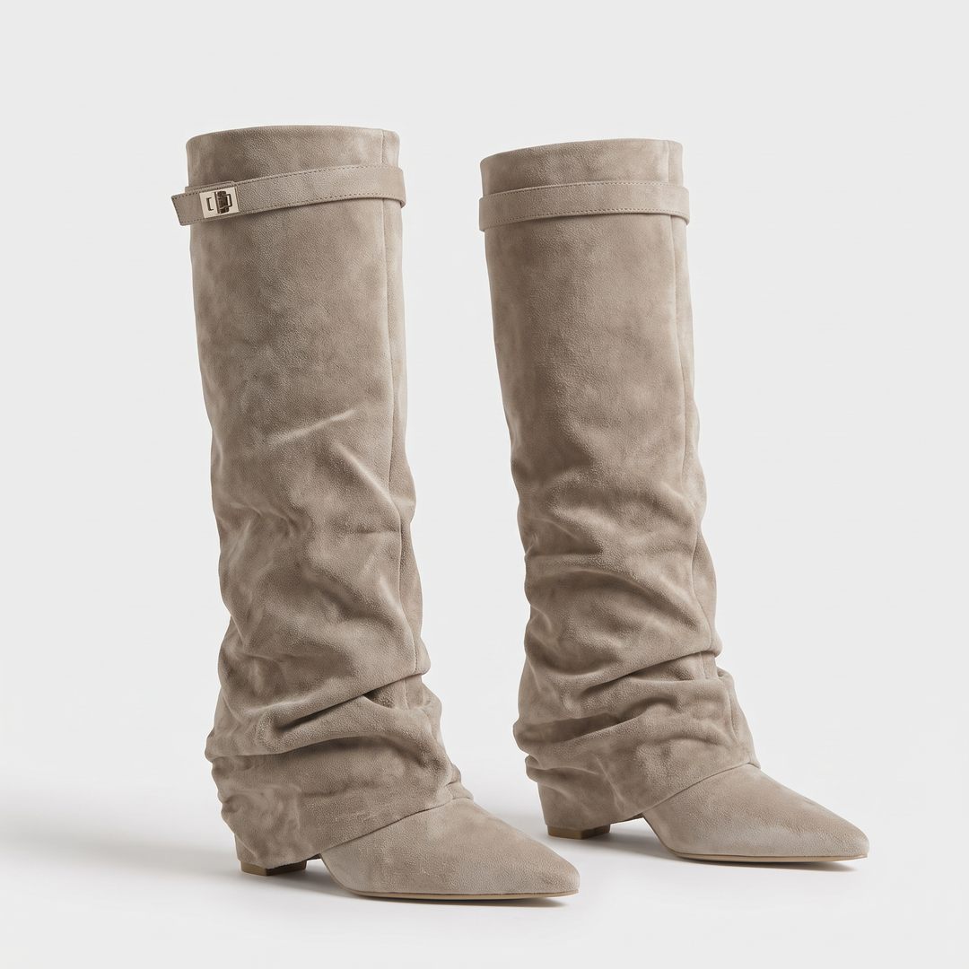 Beige Buckle Knee High Boots