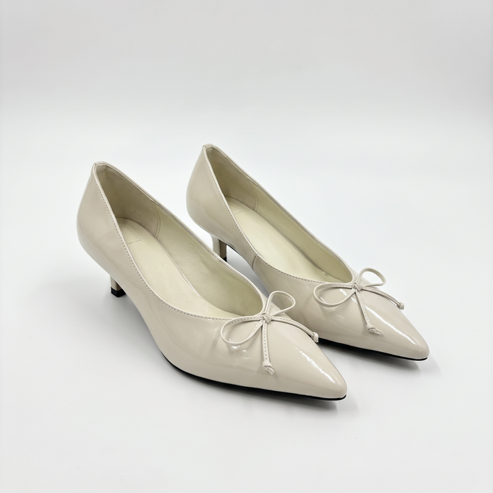 White Pointed Toe Bow Kitten Heels