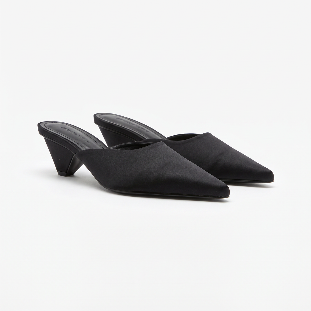 Black Pointed Toe Kitten Heel Mules