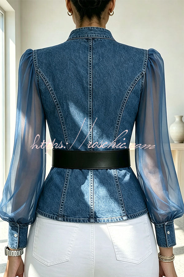 Faux Denim & Sheer Tulle Sculpted Crossover Blouse