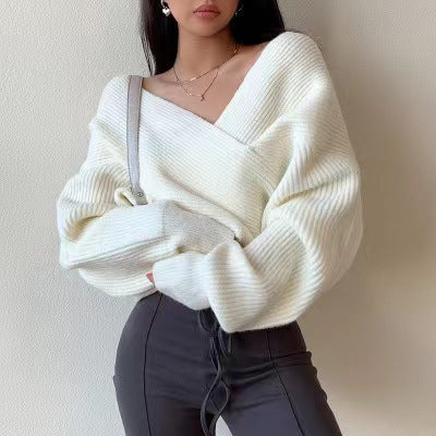 Women's Sweater with V-Neck and Exposed Shoulders - Soft and Modern
