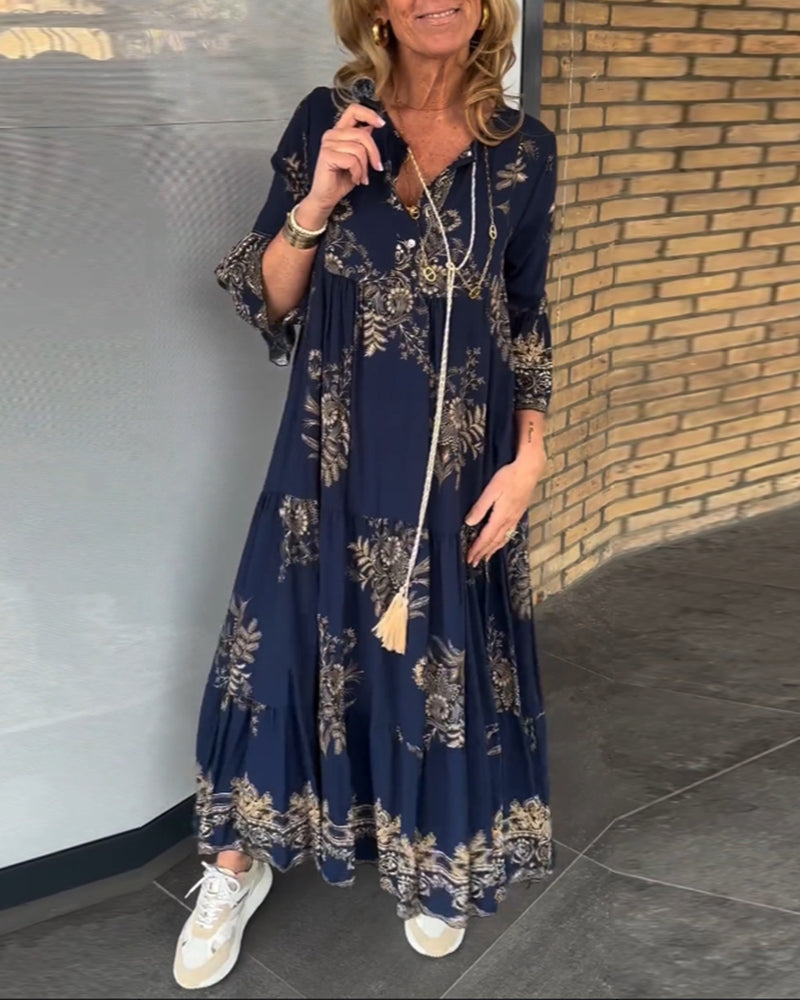 Nora Vintage Loose V-Neck Midi Dress - Elena Harper