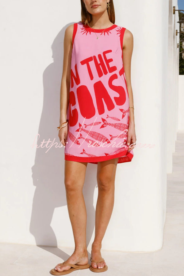 Summer-themed Printed Round Neck Sleeveless Pocket Loose Mini Dress