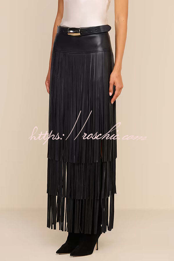 Evie Faux Leather High Rise Three-layer Tassels Stretch Maxi Skirt