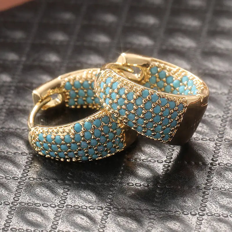 Turquoise Beaded Hoop Earrings with Gold Finish, view 2 - Elena Harper