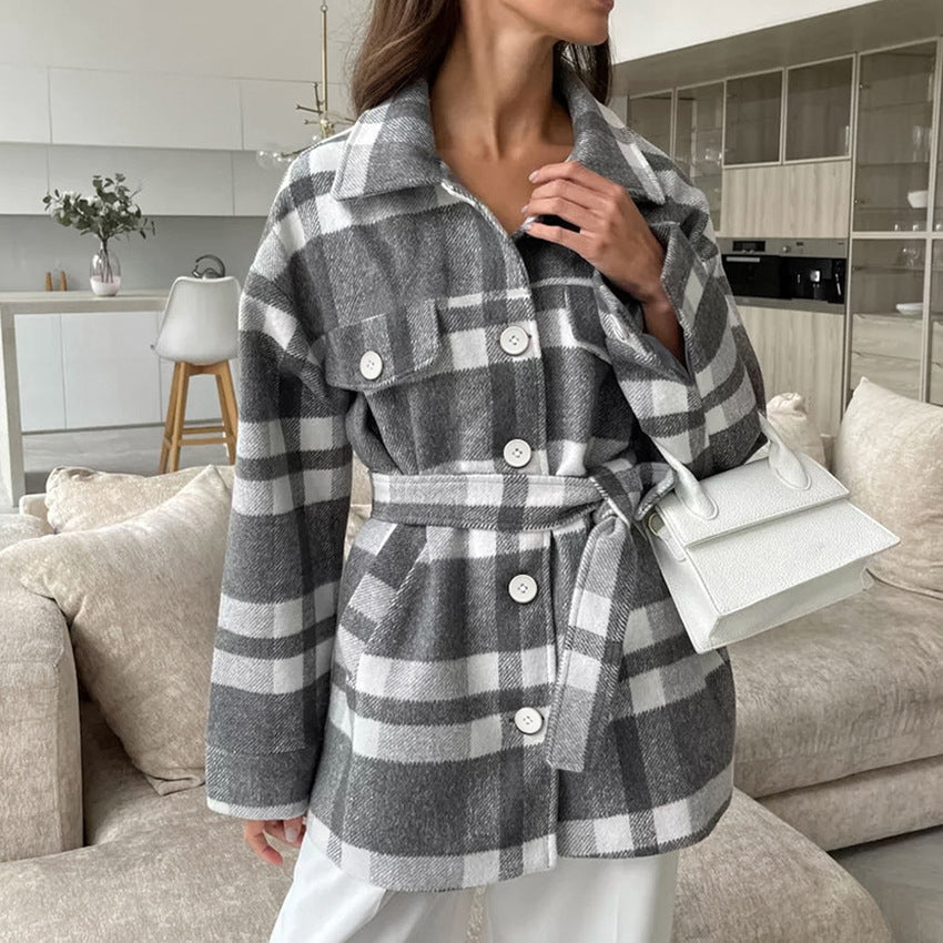 Women's Checkered Coat with Wide Tie Collar - Chic and Warm