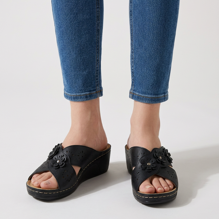 Amycca | Comfortable Wedge Slippers with Floral Applications