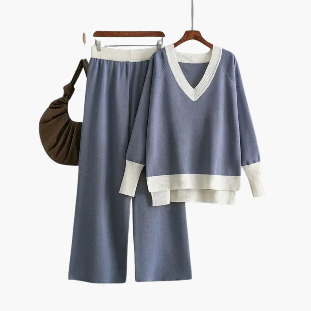 Nora | Modern V-Neck Knit Set with Wide Pants