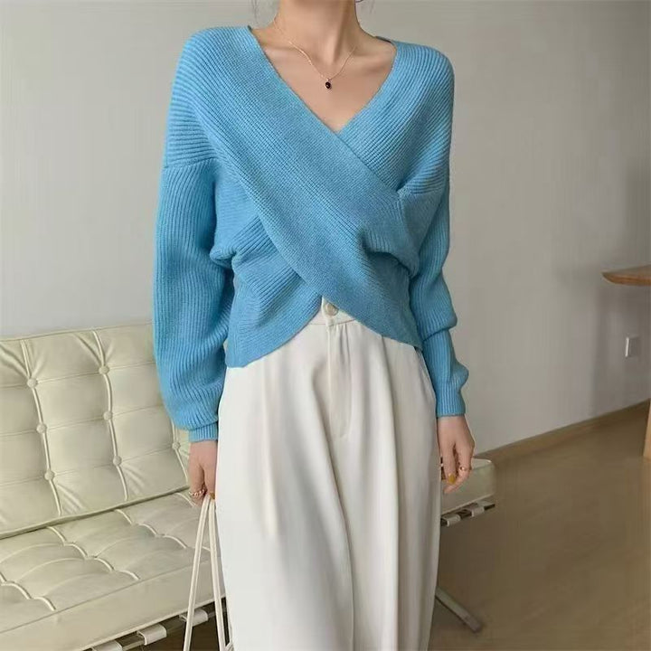 Women's Sweater with V-Neck and Exposed Shoulders - Soft and Modern