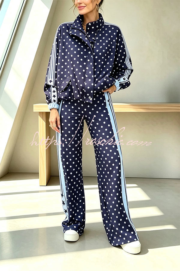 Lucienne Polka Dot Striped Star Print Zipper High Neck Pocket Sporty Jacket