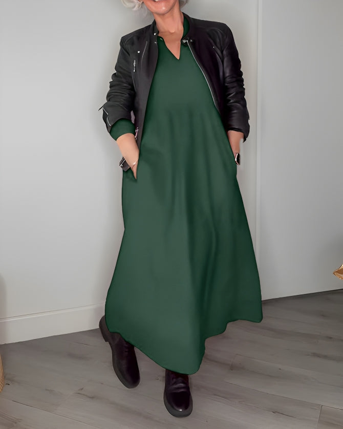 Ladies Long Dress with V-Neck and Long Sleeves