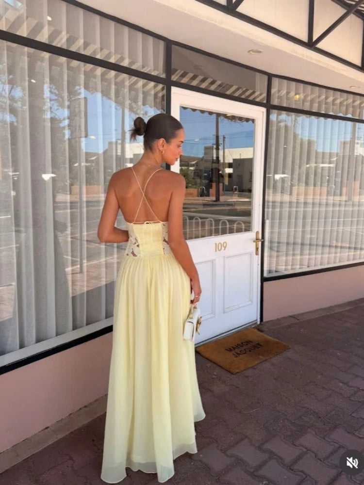 Creamy Yellow Lace Appliqué Chiffon Maxi Dress