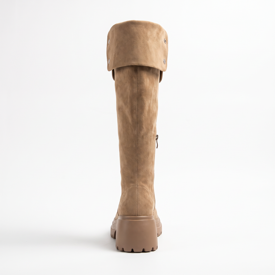 Beige Over The Knee Block Heel Boots