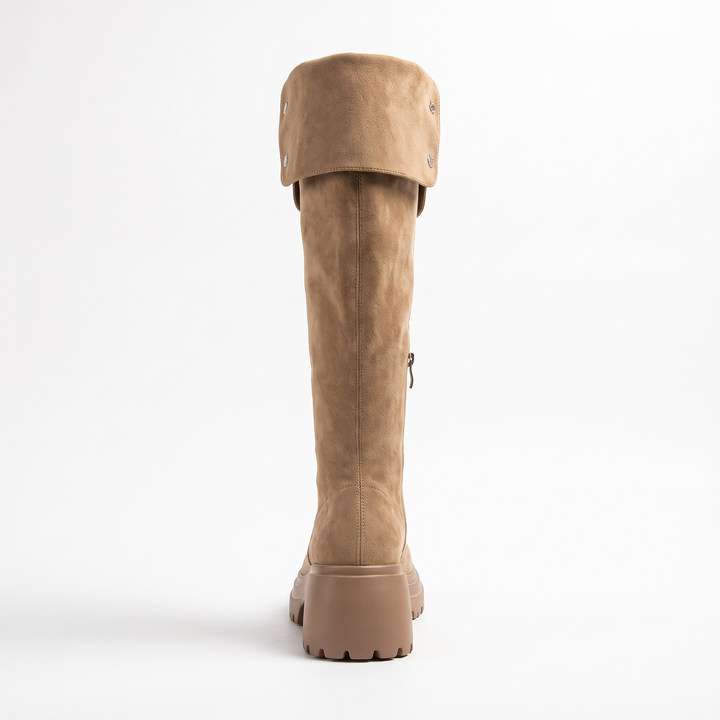 Beige Over The Knee Block Heel Boots
