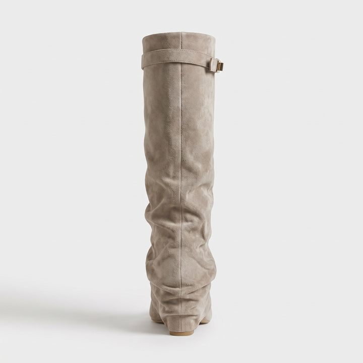 Beige Buckle Knee High Boots