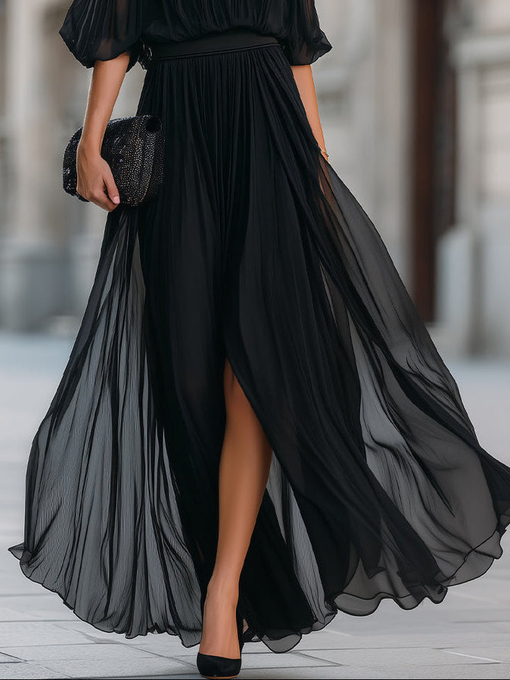 Women's Black Off-Shoulder Pleated Maxi Dress