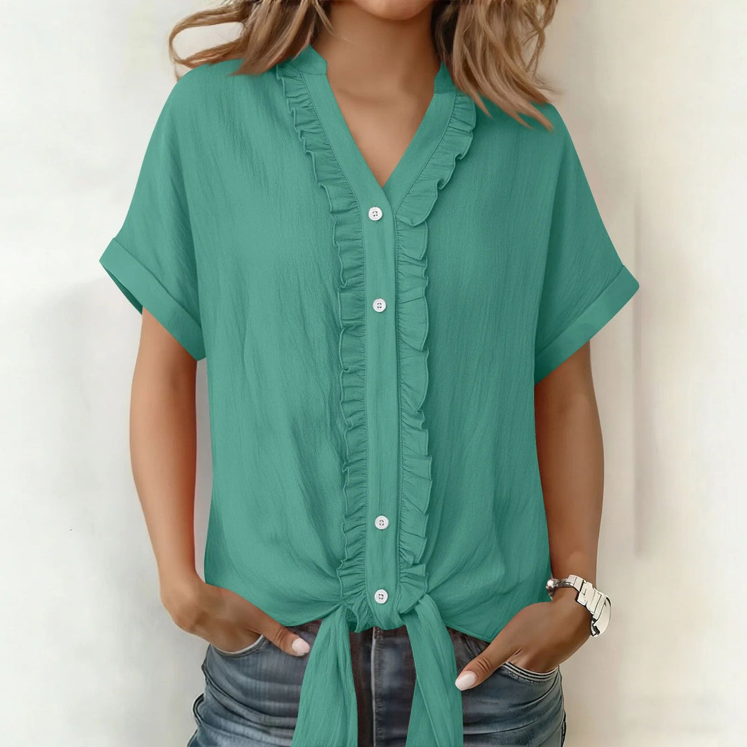 Women's Cotton Buttoned V-Neck Blouse Fluid Cut Summer