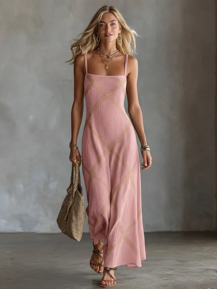 Long Bohemian Women's Dress with Thin Straps and Graphic Pattern