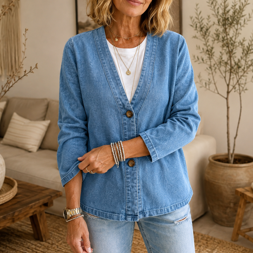 Drapella Collarless Soft-Denim-Look Button-Down Cardigan - Elena Harper
