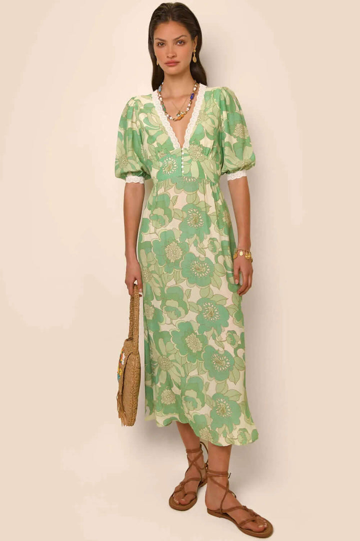Summer V-Neck Midi Dress, view 2 - Elena Harper