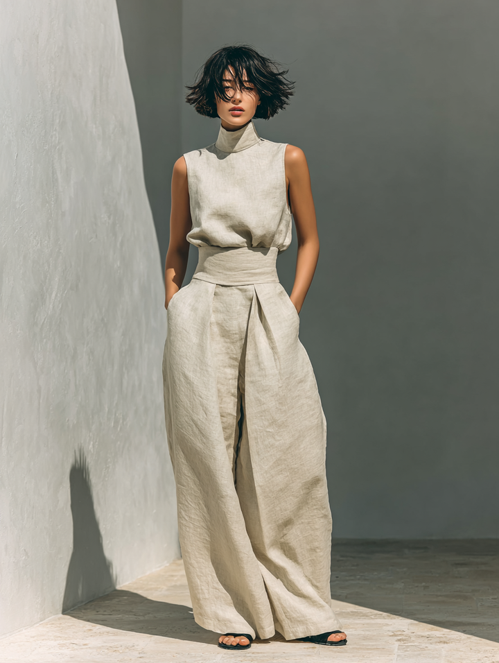 Maria Women's Minimalist Cotton and Linen Tank Top & Wide-Leg Pants Set, view 8 - Elena Harper