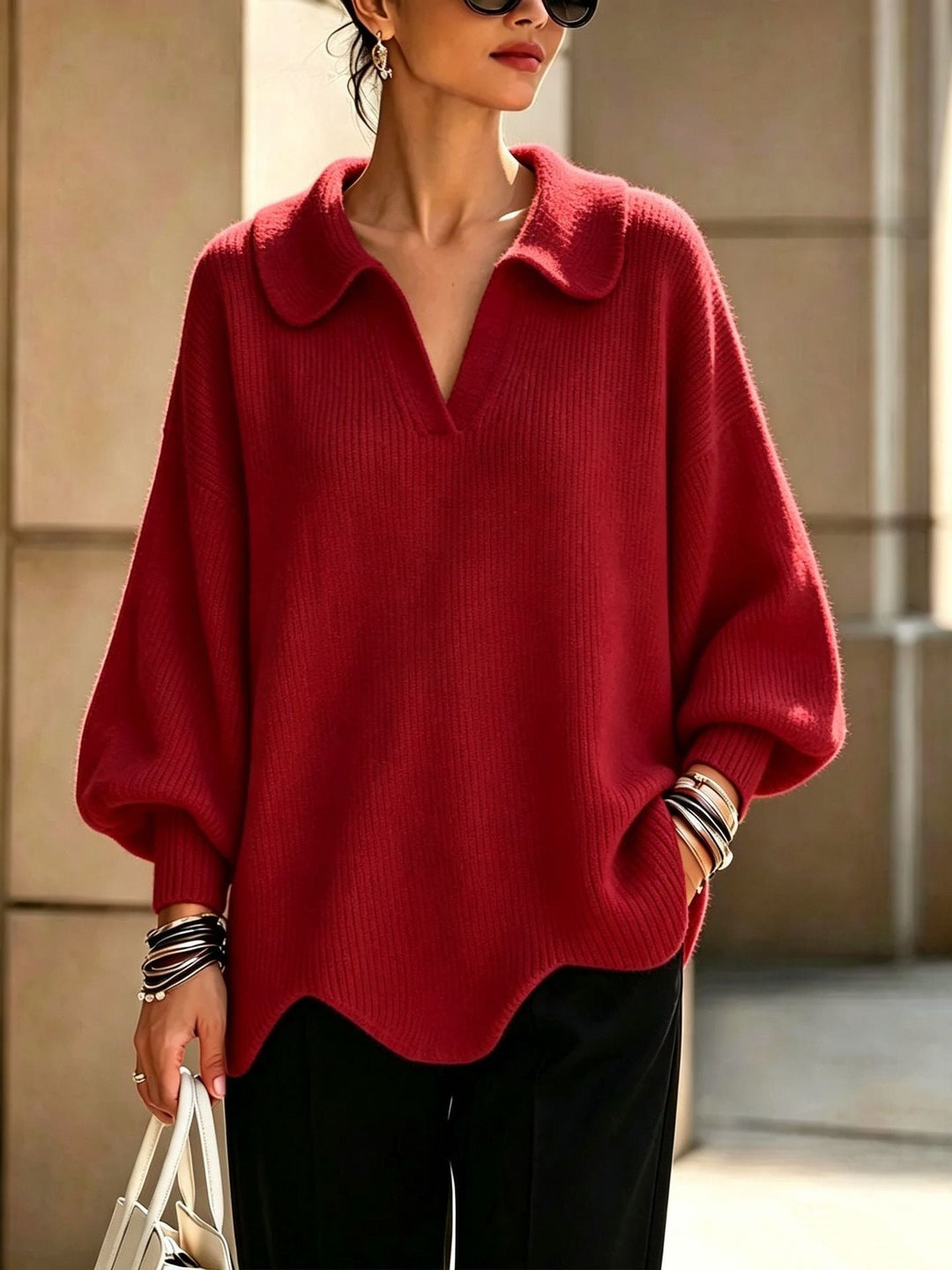 Women's V-Neck Sweater with Lantern Sleeves - Casual and Feminine