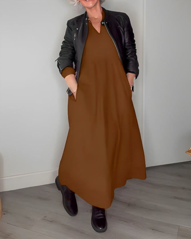Ladies Long Dress with V-Neck and Long Sleeves